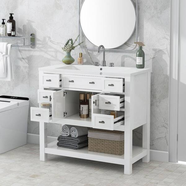 35.2 in. W x 18 in. D x 34.1 in. H Freestanding Bath Vanity in White with White Ceramic Top Single Sink