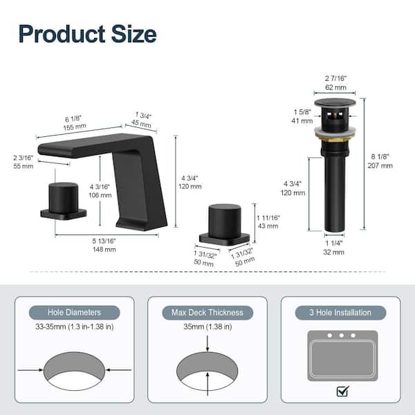 GRANDJOY Waterfall 3-Hole Sink Faucet 8 in. Widespread Double