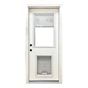 32 in. x 80 in. Reliant Series Clear Mini-Blind RHIS White Primed Fiberglass Prehung Front Door with SL Pet Door