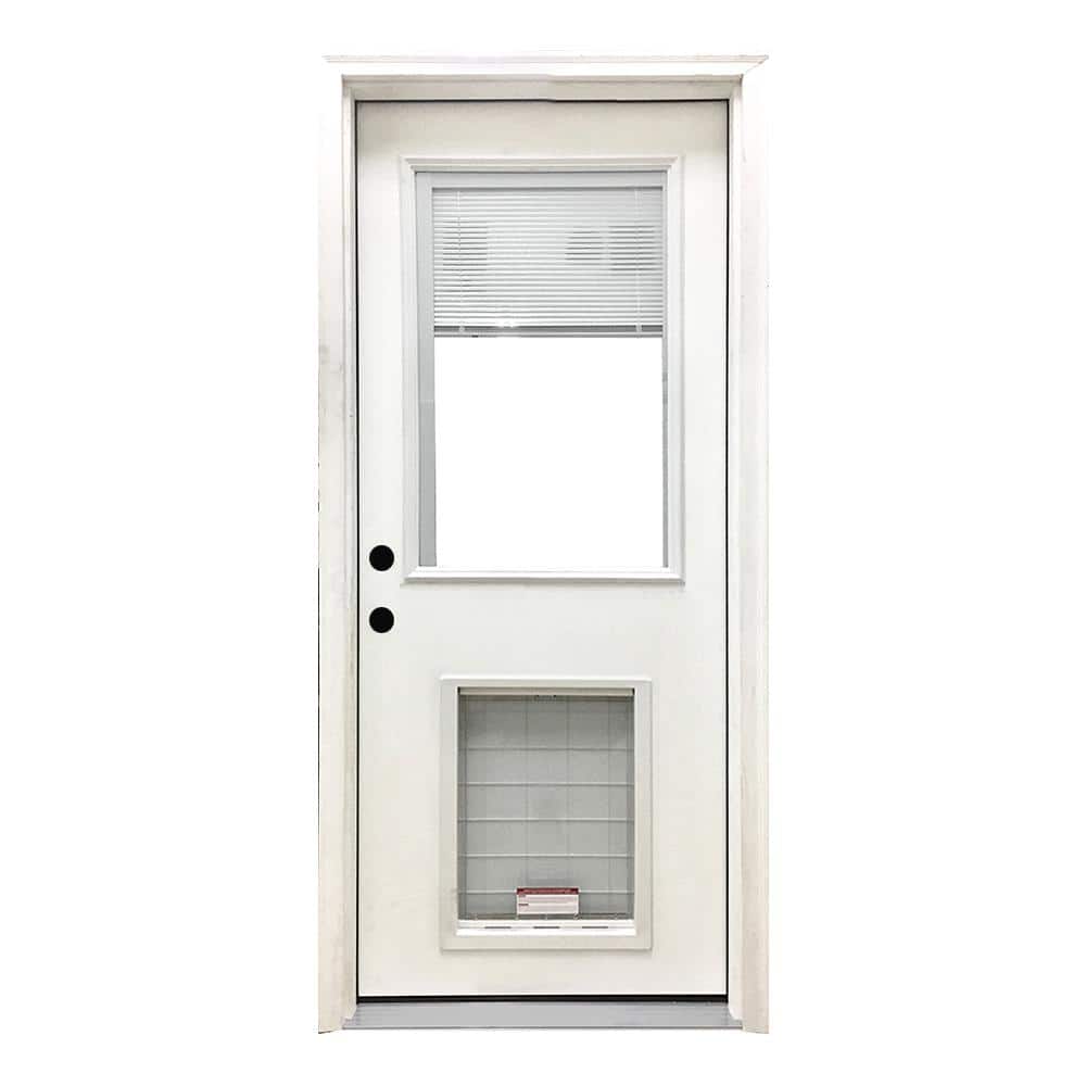32 in. x 80 in. Reliant Series Clear Mini-Blind RHIS White Primed Fiberglass Prehung Front Door with XL Pet Door