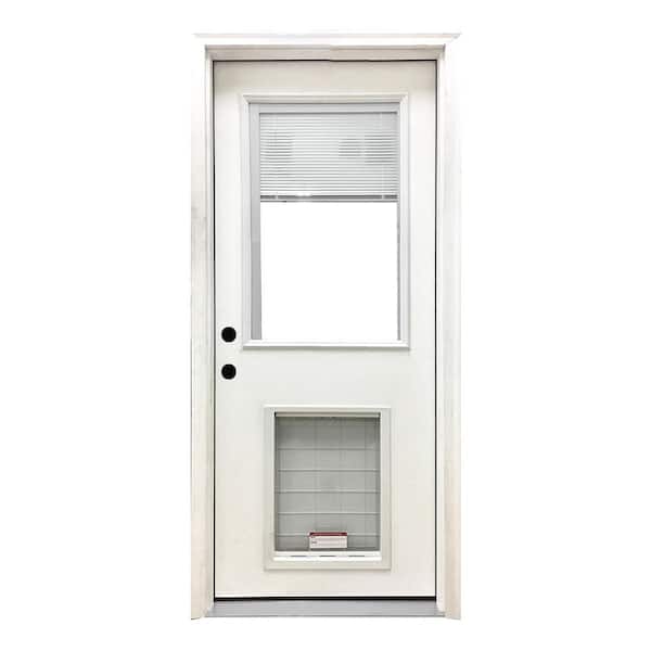 Steves & Sons 32 in. x 80 in. Reliant Series Clear Mini-Blind RHIS White Primed Fiberglass Prehung Front Door with XL Pet Door