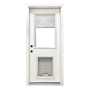 36 in. x 80 in. Reliant Series Clear MiniBlind RHIS White Primed Fiberglass Prehung Front Door with Extra Large Pet Door