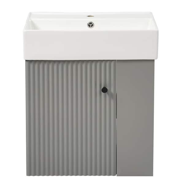 Modern 21.6 in. W Floating Bath Vanity in Gray with White Ceramic Top and Right Side Storage