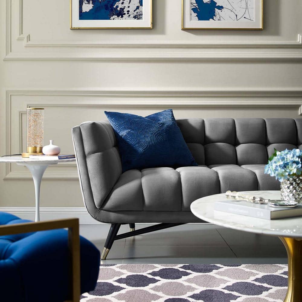 Black Velvet Tufted Sofa with Flared Arms, 90"