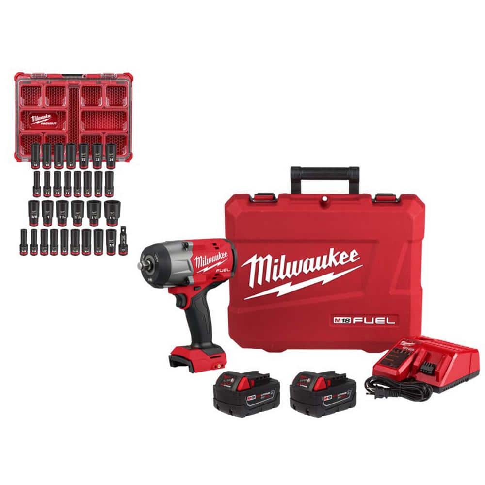 Milwaukee M18 FUEL 18V Lithium-Ion Brushless Cordless 1/2 in. High-Torque Impact Wrench Combo Kit w/PACKOUT Impact Socket Set -  2967-22-6806
