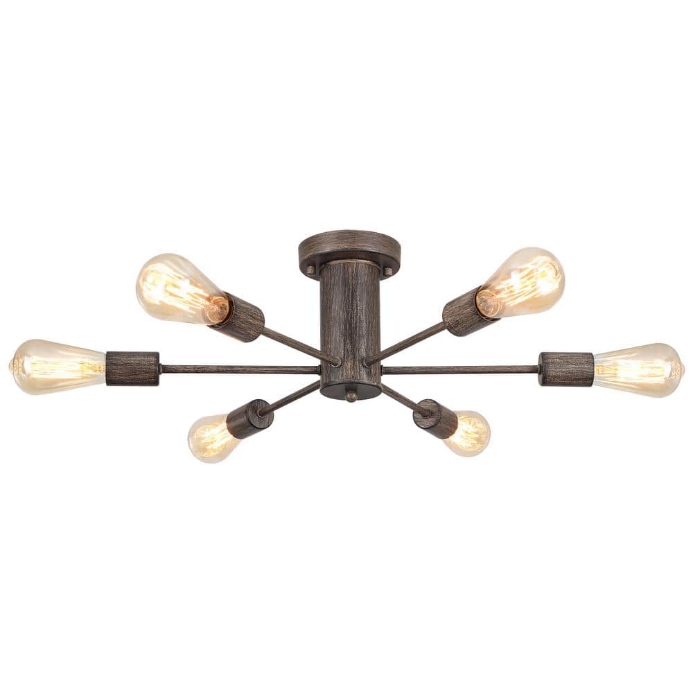 21.84 in. 6-Light Imitation Wood Grain Sputnik Transitional Flush Mount Cei