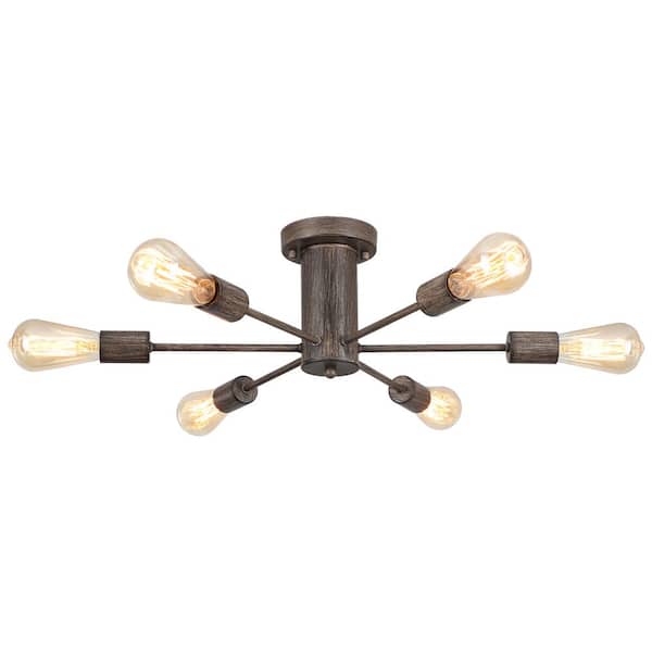 ADSENSTY 21.84 in. 6-Light Imitation Wood Grain Sputnik Transitional Flush Mount Ceiling Lights