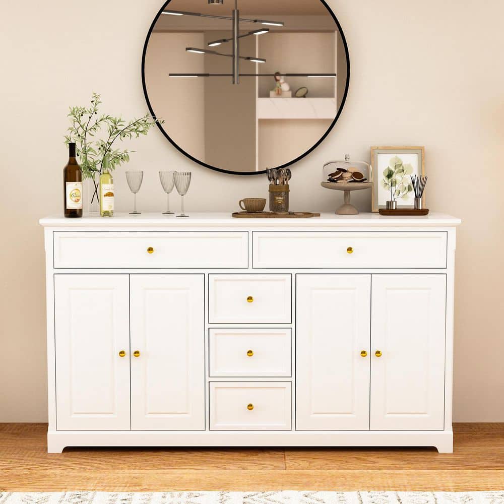 FUFU&GAGA 5 of Drawers White Wooden Dresser 59.1 in. W x