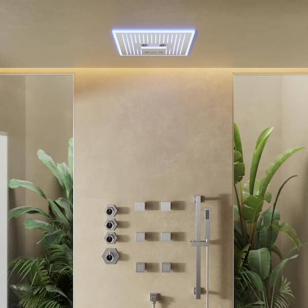EVERSTEIN 17-Spray 16 in. Dual Shower Heads Ceiling Mount Fixed and Handheld Shower Head with LED and Music in Nickel