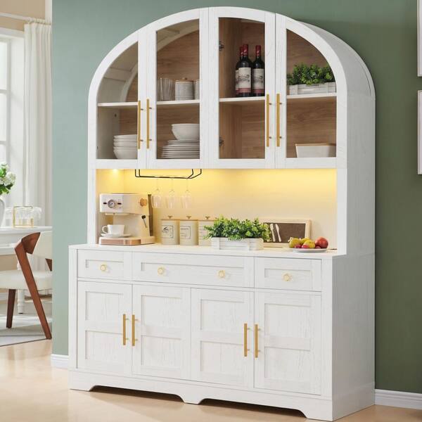 Farmhouse 75.8" Tall White Arched Kitchen Pantry Cabinet with LED, Charging Station,Drawers & Barn Doors