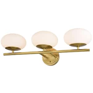 Sloane 24 in. W 3-Light LED Gold Vanity Light Satin Brass Mid-Century Modern Bathroom Wall Fixture White Glass Globes