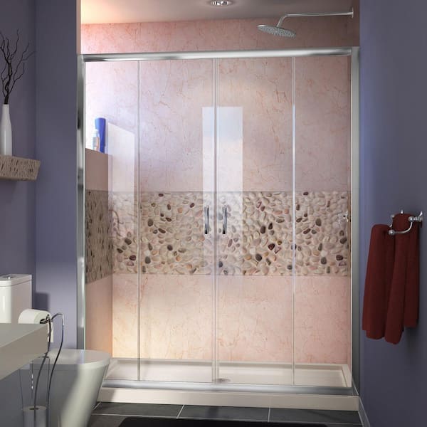 DreamLine Visions 60 in. W x 32 in. D x 74-3/4 in. H Semi-Frameless Shower Door in Chrome with Biscuit Base Center Drain