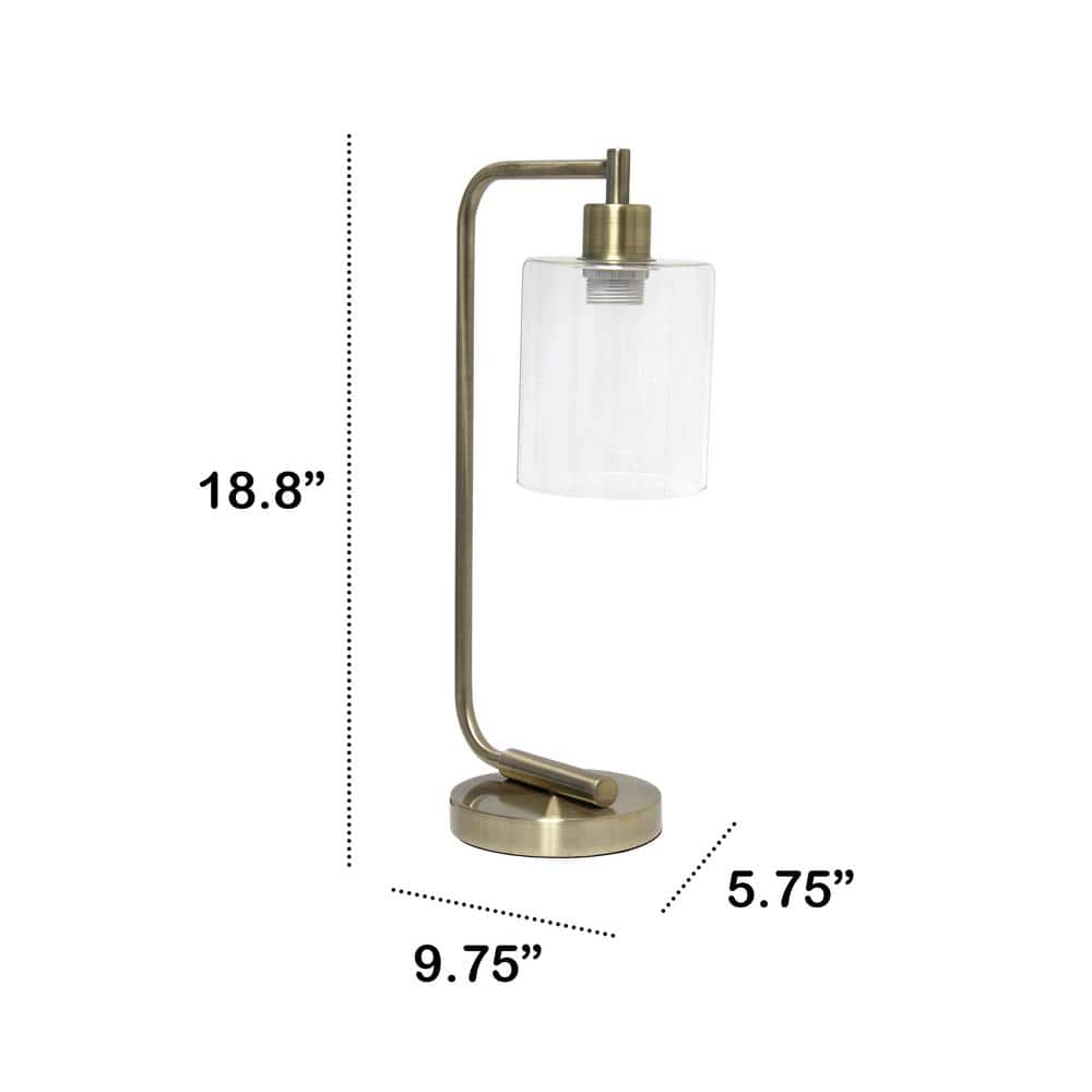 Antique Brass Curved Arm Desk Lamp with Clear Glass Shade