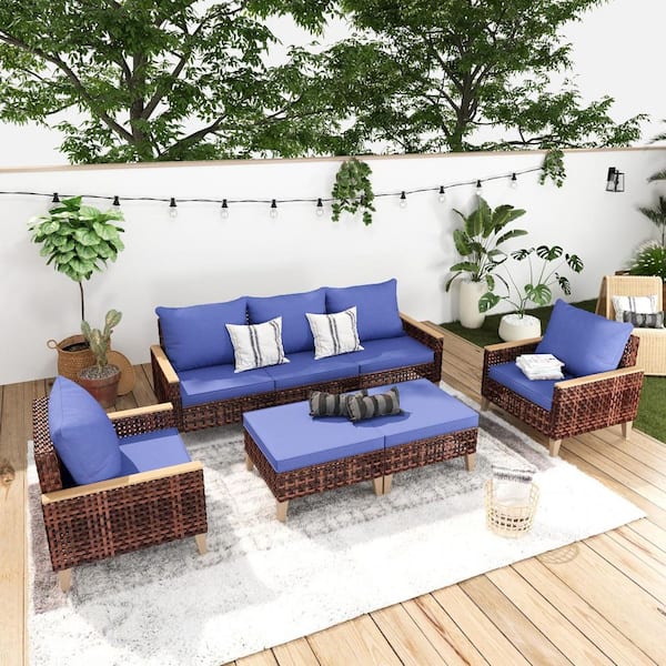 Unbranded 7-Piece Brown Wicker Rattan High Back Patio Outdoor Furniture Sectional Set Sofa with Blue Cushions and Ottomans