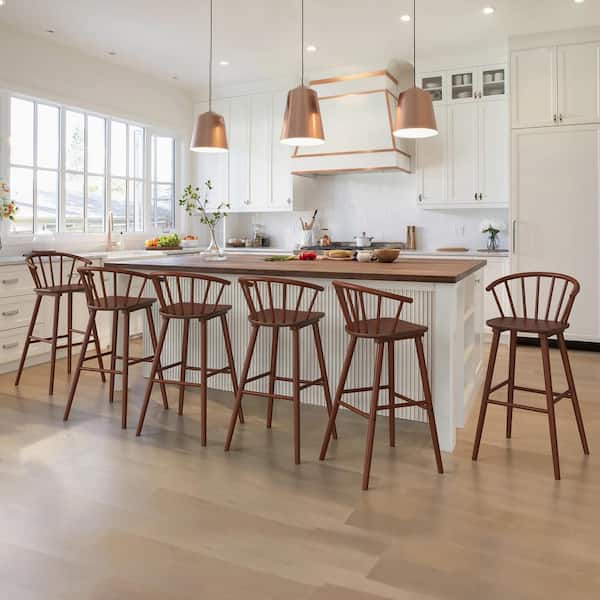 LUE BONA Winson Windsor 30 in. Walunt Solid Wood Bar Stool for Kitchen Island Counter Stool with Spindle Back Set of 6