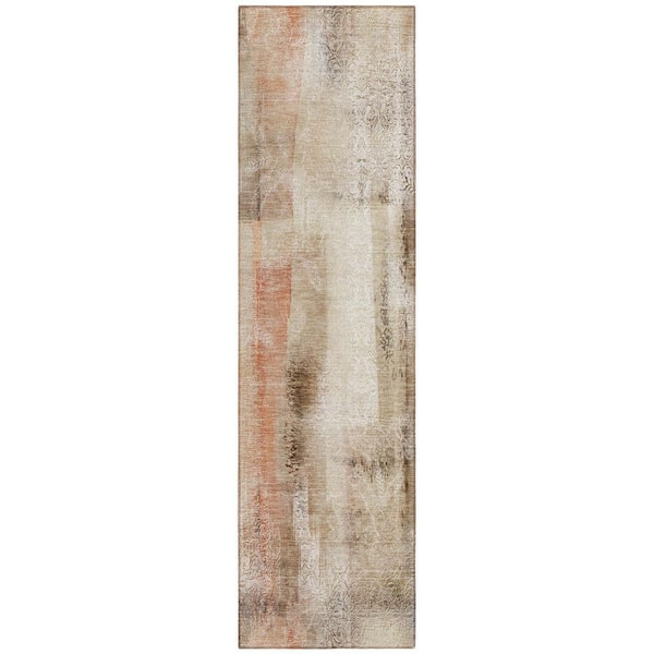 Beige, Brown 2 ft. x 8 ft. Woven Border Polyester Runner Indoor / Outdoor Area Rug