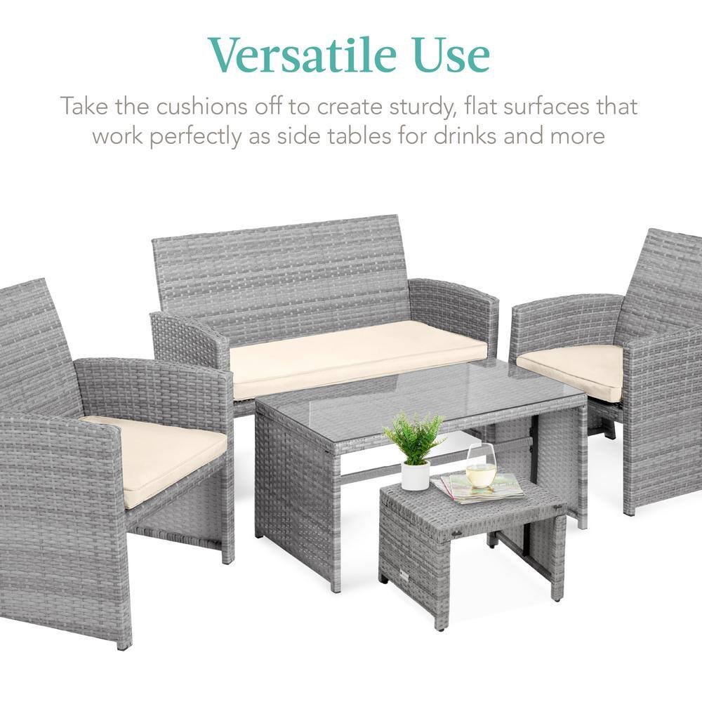 Gray Wicker Patio Ottomans with Cream Cushions, Set of 2