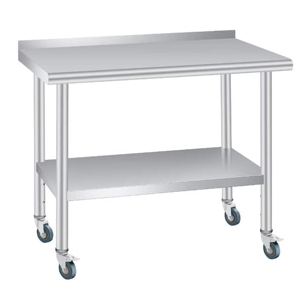 Heavy Duty Stainless Steel Prep & Work Table with Backsplash - Adjustable Undershelf - 4 Locking Caster Wheels