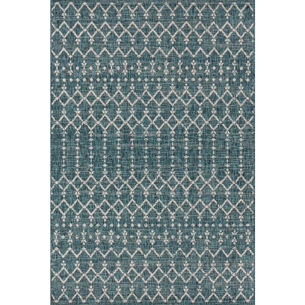 Teal/Gray 4 ft. x 6 ft. Ourika Moroccan Geometric Textured Weave Indoor/Outdoor Area Rug