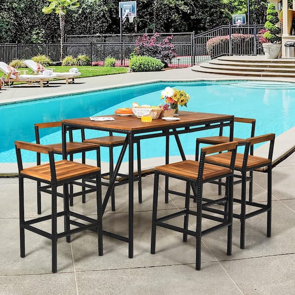 7-Piece Acacia Wood Outdoor Dining Set PE Rattan Patio Bar Set with Umbrella Hole