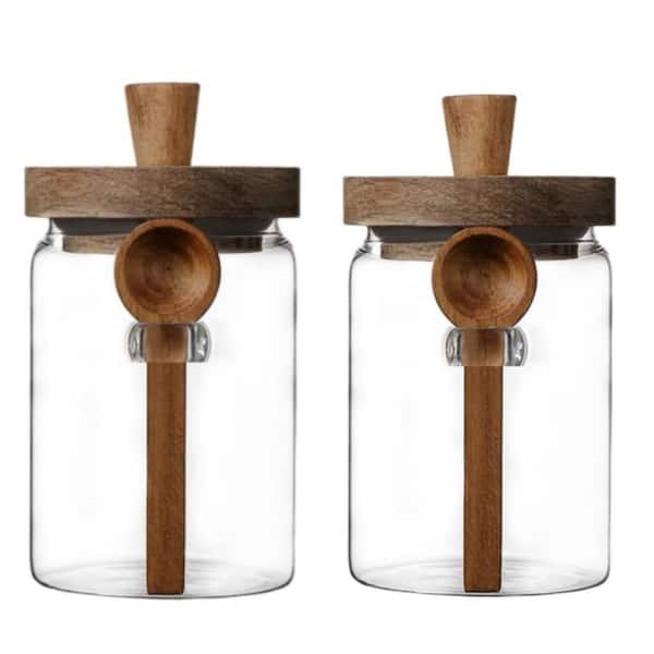 Set of 2 Glass Food Storage Jars with Bamboo Wood Lid and Spoon, 20.3oz Glass Kitchen Canisters for Coffee