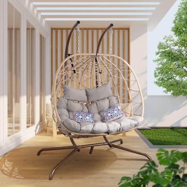 NOBLEMOOD 58.6 in. 2-Person Brown Metal Patio Swing with Stand and Cushions Outdoor Egg Swing Chair, Light Gray