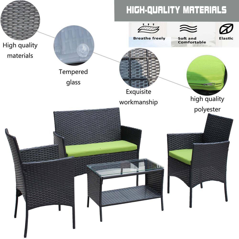 4-Piece Black Iron Wicker Patio Set with Green Cushions