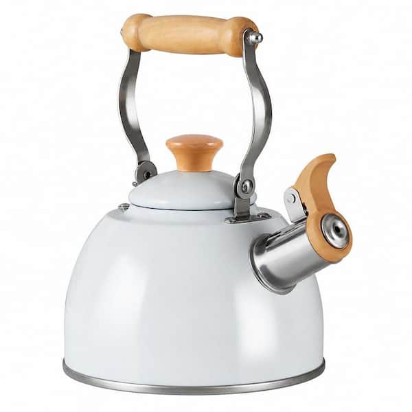 7-Cup White Stainless Steel Stovetop Whistling Tea Kettle with Pour Spout and Cool Touch Ergonomic Handle