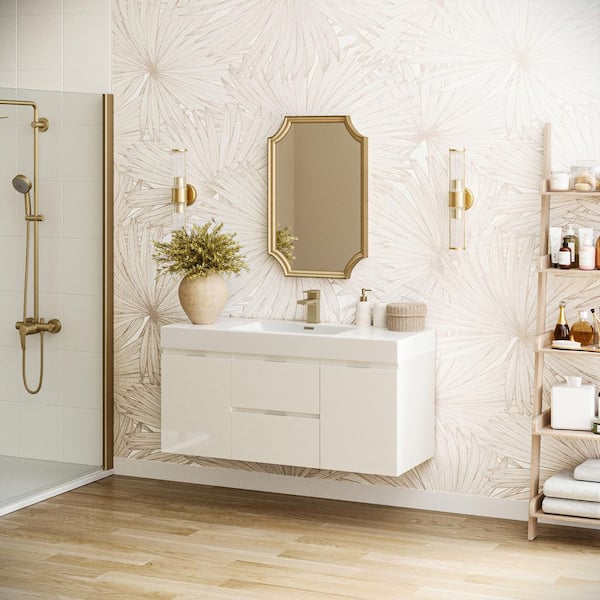 Valencia 48 in. W Wall Hung Bathroom Vanity in Glossy White with Acrylic Vanity Top in White