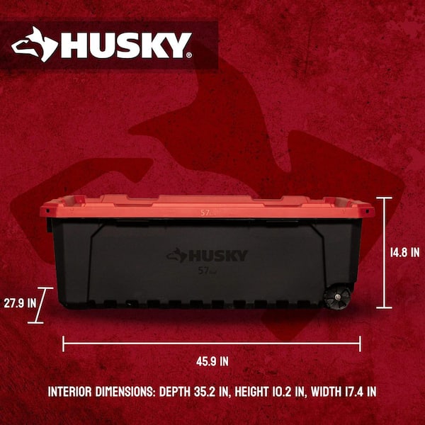 57 Gal. Pro Grip Storage Tote with Wheels in Black with Red Lid