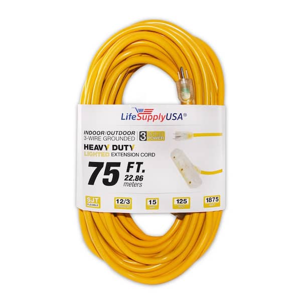 LifeSupplyUSA 75 ft. 12/3 Wire Gauge Tri-Source SJT Indoor Outdoor Vinyl LIGHTED Electric Extension Cord, (10-Pack)