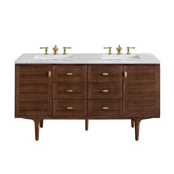 James Martin Vanities Amberly 60.0 in. W x 23.5 in. D x 34.7 in. H Bathroom Vanity in Mid-Century Walnut with Arctic Fall Solid Surface Top