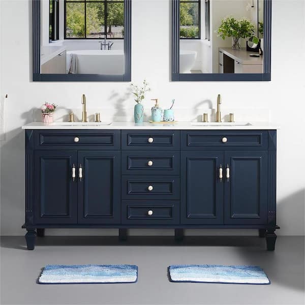 ANGELES HOME 72 in. W x 22 in. D x 35 in. H Solid Wood Bath Vanity in Navy Blue, Certified Double Sink Quartz Top Soft-Close Drawer