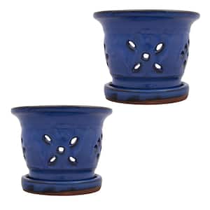 5 in. Round Blue Ceramic Orchid Pot Twin Pack