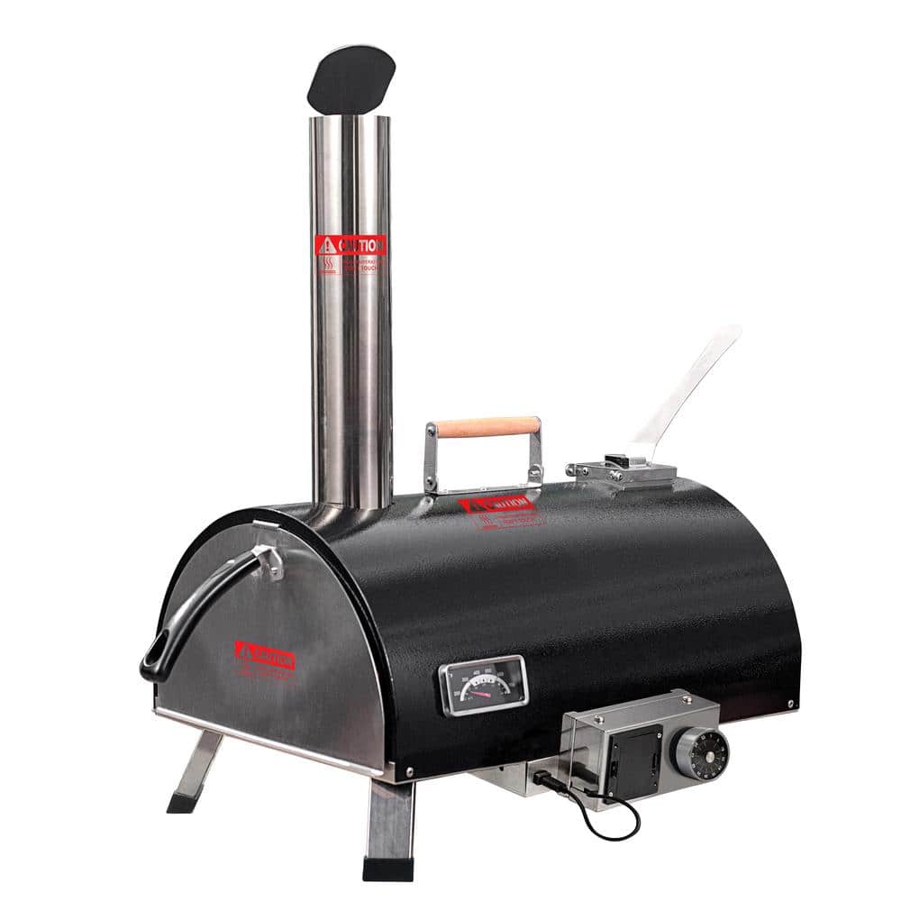 12 in. Wood Fired Black Automatic Rotatable Outdoor Pizza Oven with Built-in Thermometer Pizza Cutter Carry Bag