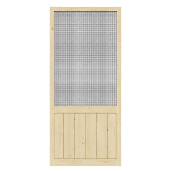 36 in. x 80 in. Universal Paneled Railing Style Unfinished Pine Wood and Gauze Mesh Hinged Screen Door for Front Door