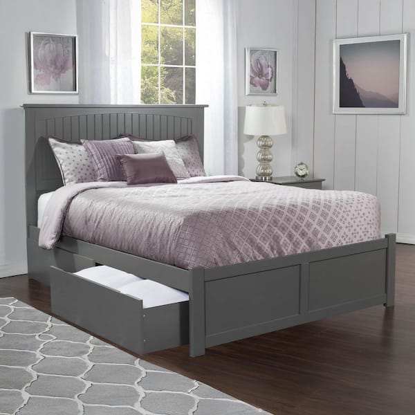 Nantucket Grey Queen Solid Wood Storage Platform Bed with Flat Panel Foot Board and 2 Bed Drawers