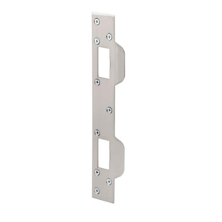 Prime-Line Door Strike, Accommodates 5-1/2 in. - 6 in. Hole Centers, Steel, Satin Nickel Plated