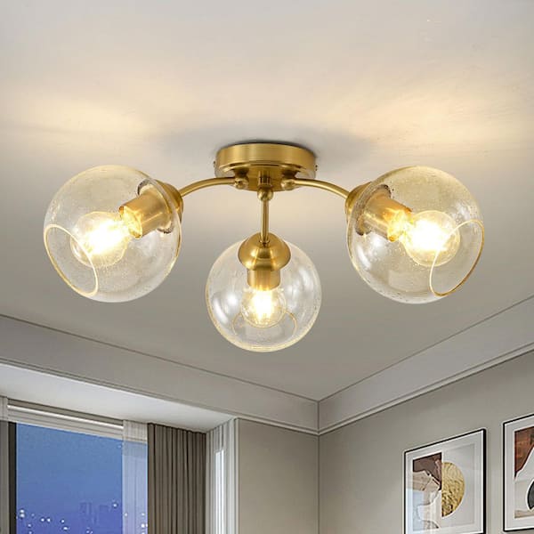 20.47 in. 3-Light Gold Modern Semi-Flush Mount with Seeded Glass Shade