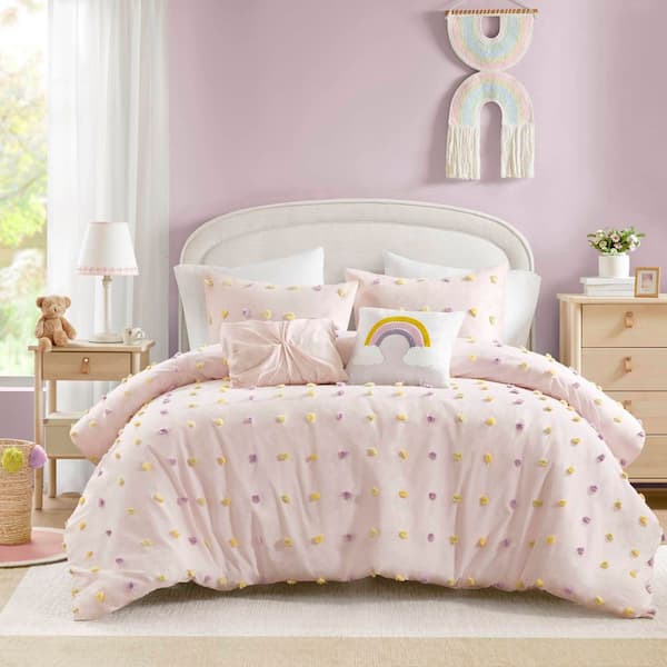 Soft and Cozy 5-Piece Pink Jacquard Cotton Full/Queen Comforter Set with Pompom Design