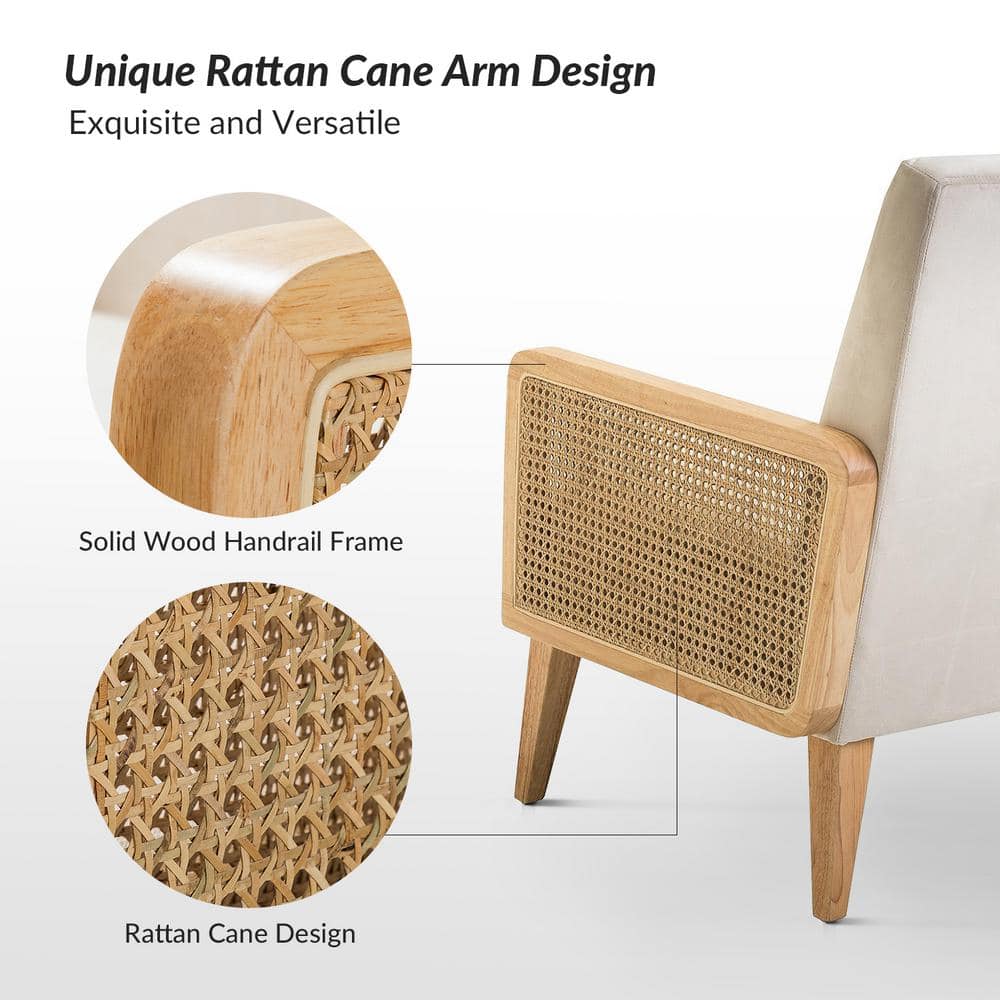 Beige Velvet and Rattan Armchair Set with Wooden Legs