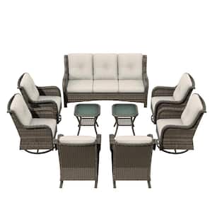 9-Pieces Patio Furniture Set Outdoor Wicker Sectional Sofa with Beige Cushions and Glass Top Coffee Table