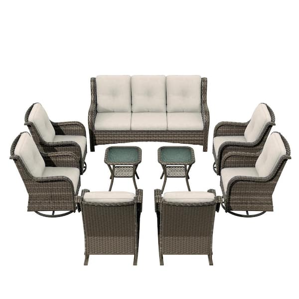Patio Furniture Set 9 Pieces Outdoor Wicker Sectional Sofa with Beige Cushions