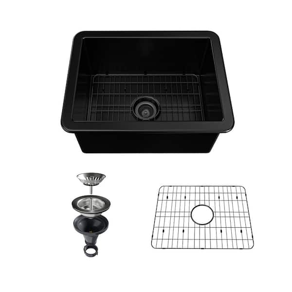 VANITYFUS 24 in. Drop-In Undermount Single Bowl Black Fine Fireclay Kitchen Sink Whth Accessories
