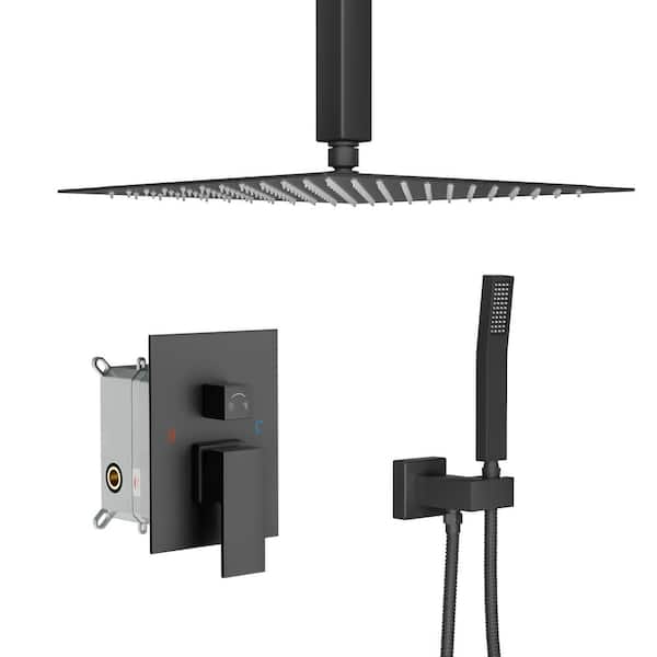 LORDEAR 2-Spray Patterns with 1.8 GPM 16 in. Ceiling Mount Rainfall Dual Shower Heads 360 Degree Swivel in Black