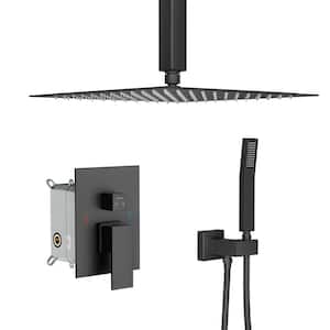 2-Spray Patterns with 1.8 GPM 16 in. Ceiling Mount Dual Shower Head and Rough-In Valve Trim Kit in Matte Black