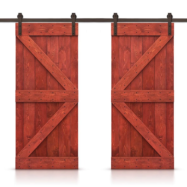 CALHOME K Series 76 in. x 84 in. Pre-Assembled Cherry Red Stained Wood Interior Double Sliding Barn Door with Hardware Kit