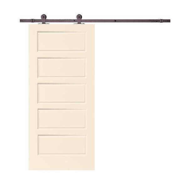 CALHOME 36 in. x 80 in. Beige Stained Composite MDF 5 Panel Interior Sliding Barn Door with Hardware Kit