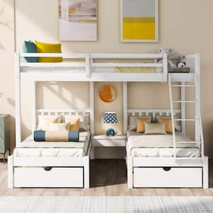 White Full Over Twin and Twin Bunk Bed with Ladder, Wood Kids Triple Bunk Bed with 2-Drawers Can Divided Into 3-Beds