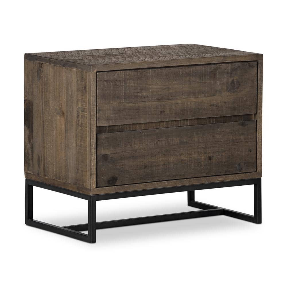 Rustic Transitional Solid Pine 2-Drawer Nightstand with Metal Base